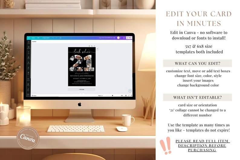 May include: Editable 21st birthday invitation template in Canva. The invitation features a black background with a large number 21 made of photos. The text "Look what's" is written in a cursive font above the number 21. The text "The Ann's 21st Birthday" is written below the number 21. The invitation is available in 5x7 and 6x8 sizes.