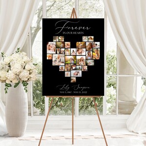 Funeral Heart Photo Collage Sign TEMPLATE, Celebration of Life Memory Board Heart Shaped, Memorial Photo Display Easel Sign for men or women