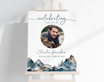 Celebration of Life Funeral Sign Template Mountain, Memorial Sign for Hiker Rock Climber, Funeral Welcome Poster for Men, Masculine Blue