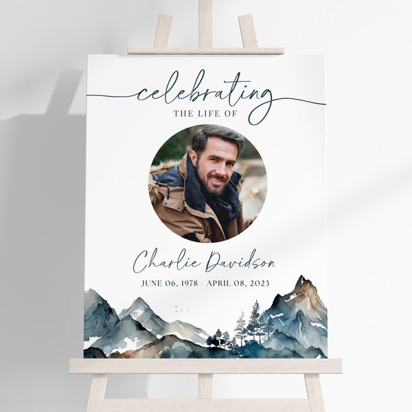 Celebration of Life Funeral Sign Template Mountain, Memorial Sign for Hiker Rock Climber, Funeral Welcome Poster for Men, Masculine Blue