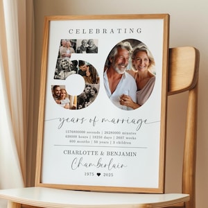 May include: A framed print celebrating 50 years of marriage. The design features the number "50" filled with photos, the words "years of marriage", names, and dates. The frame is a light brown color.