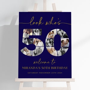 Navy Blue and Gold 50th Birthday Photo Collage TEMPLATE, Look Who's 50, Customizable Photo Board, Montage Poster, Fifty Party Decor