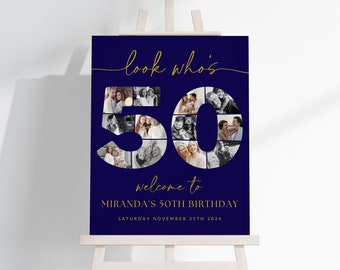 Navy Blue and Gold 50th Birthday Photo Collage TEMPLATE, Look Who's 50, Customizable Photo Board, Montage Poster, Fifty Party Decor