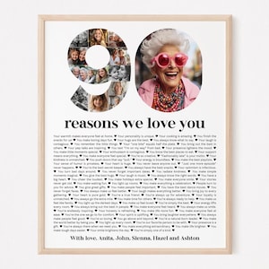 Peut inclure: Une affiche blanche avec un collage photo noir et blanc d'une personne en forme de chiffre 90. L'affiche porte le texte "90 raisons pour lesquelles nous t'aimons" et une liste de raisons en texte noir. L'affiche présente également une photo d'une personne portant des lunettes de soleil roses et une chemise rose. L'affiche est signée "Avec amour, Anita, John, Sienna, Hazel et Ashton."