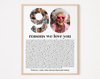 90 Reasons We Love You Photo Collage TEMPLATE, Personalized Birthday Gift for Male Female Mom Dad Grandparent, Canva Template Printable