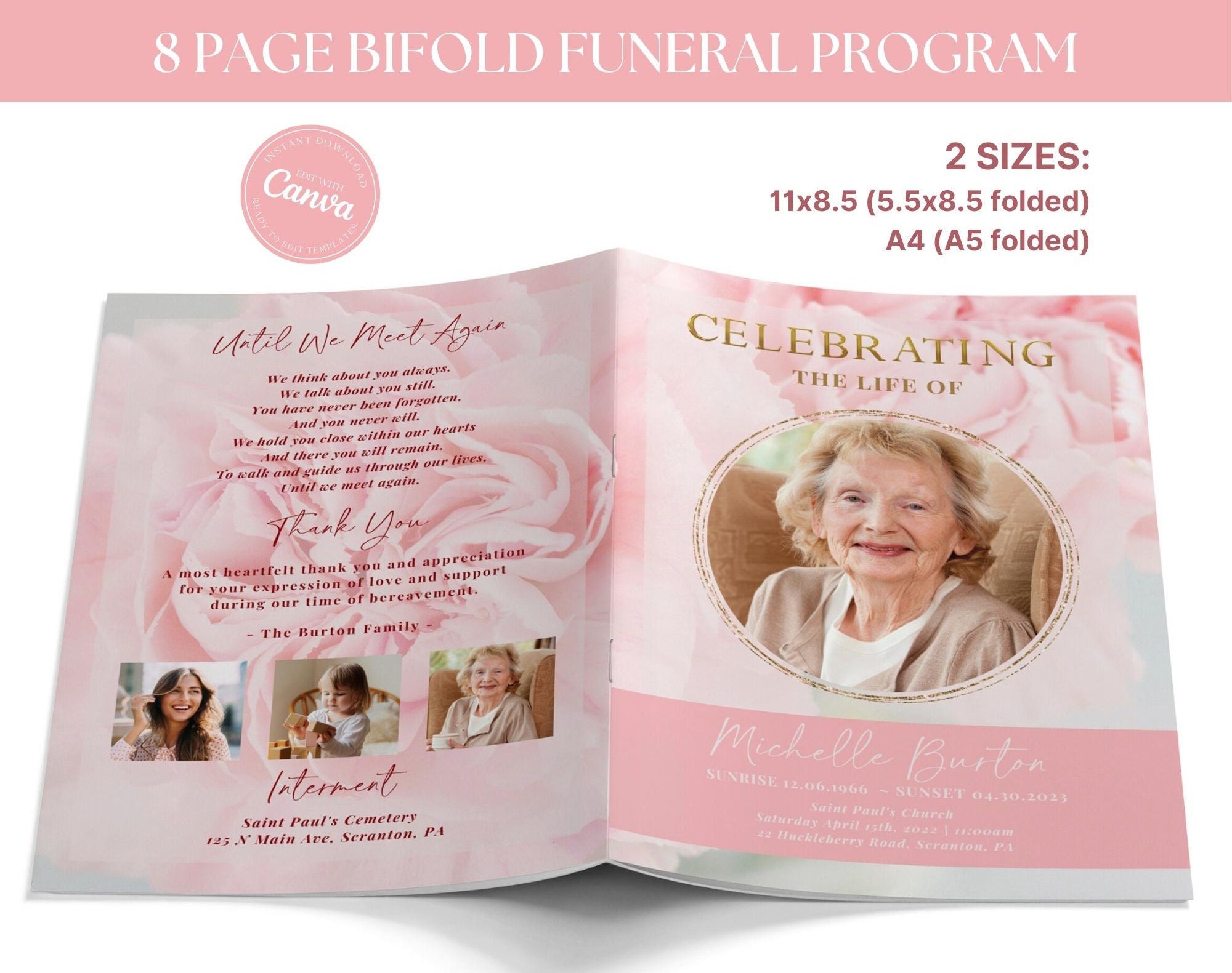 8 Page Funeral Program TEMPLATE Peony, Celebration of Life Bifold, Pink Rose Memorial Booklet, Order of Service Obituary, Memorial Magazine