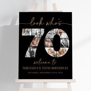 Black and Gold 70th Birthday Photo Collage TEMPLATE, Look Who's 70, Customizable Photo Board, Montage Display Poster, Digital Download, BG1