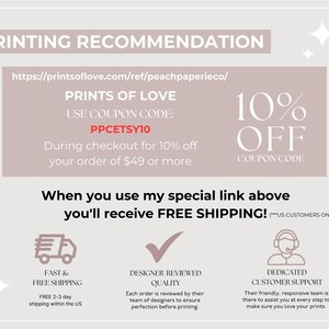May include: A pink and white graphic with the text "PRINTING RECOMMENDATION" and a website address. The graphic also includes a coupon code for 10% off orders of &pound;49 or more from Prints of Love. The graphic also includes a coupon code for free shipping for UK customers only.
