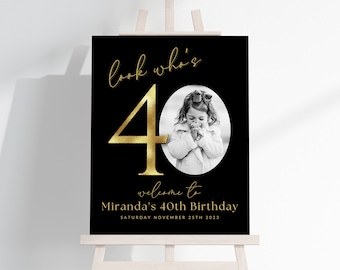 Black and Gold 40th Birthday Photo Collage TEMPLATE, Look Who's 40, Customizable Collage Board, Montage Display Poster, Forty Milestone