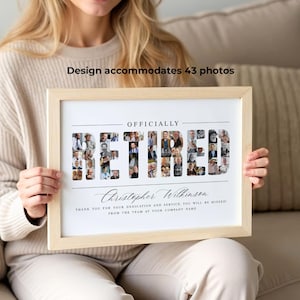 Op de afbeelding: Een ingelijste pensioen fotocollage met het woord "RETIRED" gevormd door individuele foto's. Het lichte houten frame omringt de tekst "OFFICIALLY RETIRED" en een gepersonaliseerde boodschap. Het ontwerp biedt plaats aan 43 foto's.