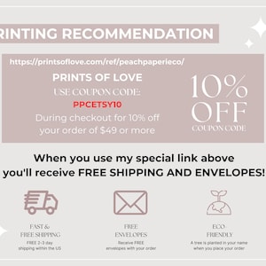 K&ouml;nnte beinhalten: Eine rosa und wei&szlig;e Grafik mit dem Text "PRINTING RECOMMENDATION" und einer Website-Adresse. Die Grafik enth&auml;lt auch einen 10% Rabatt-Code f&uuml;r Prints of Love mit dem Text "PPCETSY10". Die Grafik enth&auml;lt auch Informationen &uuml;ber kostenlosen Versand und Umschl&auml;ge bei Verwendung des angegebenen Links.