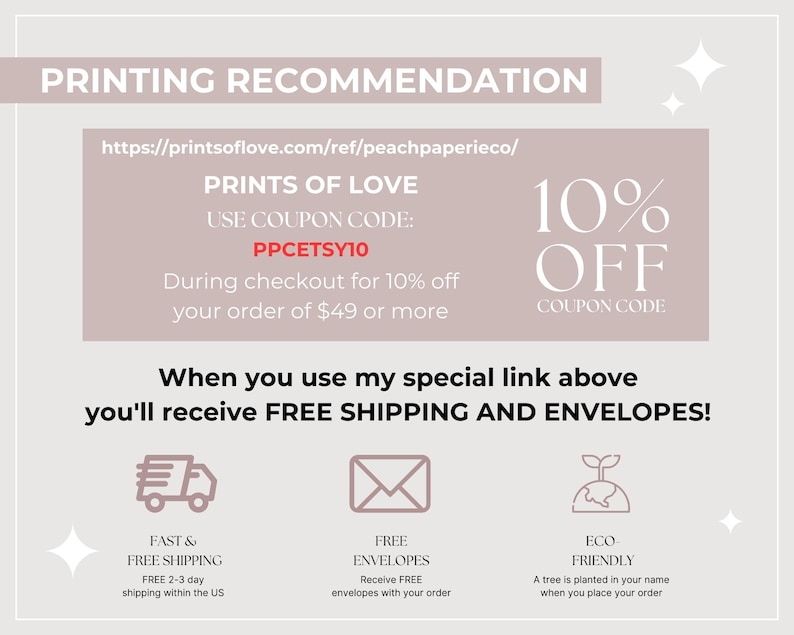 K&ouml;nnte beinhalten: Eine rosa und wei&szlig;e Grafik mit dem Text "PRINTING RECOMMENDATION" und einer Website-Adresse. Die Grafik enth&auml;lt auch einen 10% Rabatt-Code f&uuml;r Prints of Love mit dem Text "PPCETSY10". Die Grafik enth&auml;lt auch Informationen &uuml;ber kostenlosen Versand und Umschl&auml;ge bei Verwendung des angegebenen Links.