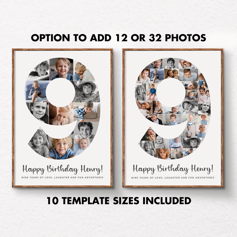 Number 9 Birthday Photo Collage TEMPLATE for Boy or Girl, Personalized ...