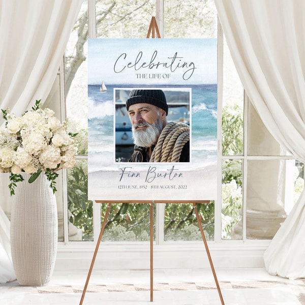 Beach Ocean Celebration of Life Welcome Poster TEMPLATE, Fisherman Funeral Photo Sign, Memorial Photo Display Easel Sign, Memorial Poster