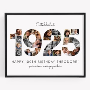 1925 Birth Year Photo Collage TEMPLATE, 100 Birthday Gift, Birthday Welcome Sign, Number One Hundred Poster, Party Decor, Canva Template