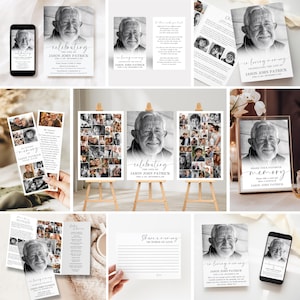 May include: A set of printable memorial templates in black and white with a photo of a man. The templates include a photo collage, a sign that says "Share your favorite memory", a sign that says "In loving memory", and a sign that says "Celebrating the life of Jason John Patrick".