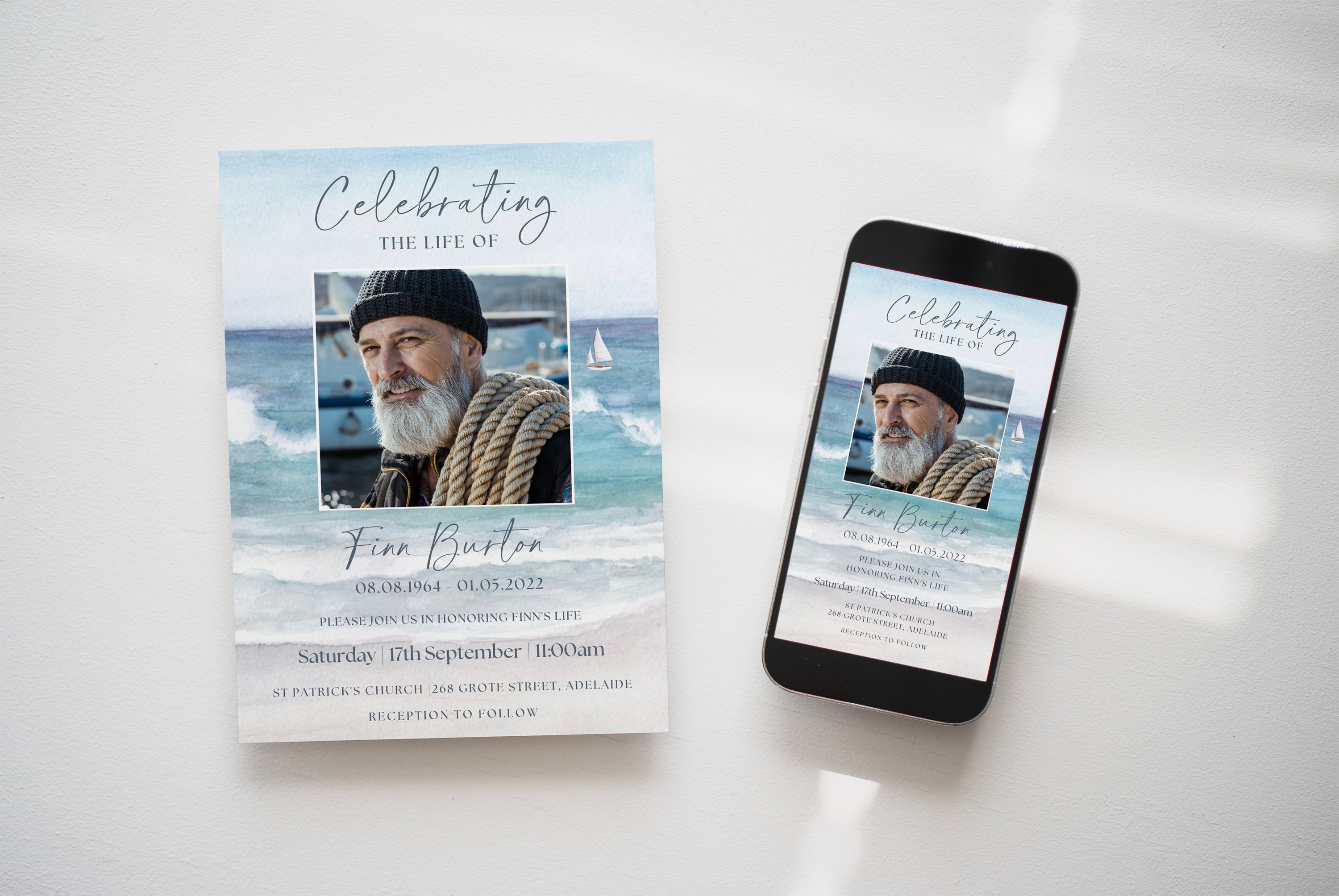 Funeral Announcement Electronic TEMPLATE for Fisherman, Beach Ocean ...