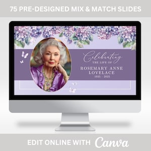 May include: A computer screen displaying a purple and white memorial slide with a photo of a woman, hydrangea flowers, butterflies, and the text "Celebrating the life of Rosemary Anne Lovelace 1935-2025".