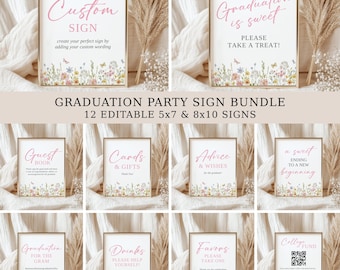 May include: A collection of graduation party signs with floral accents. The signs feature phrases like "Custom Sign," "Graduation is Sweet," and "Guest Book." The bundle includes 12 editable signs in 5x7 and 8x10 sizes.