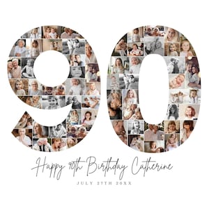 90th Birthday Photo Collage TEMPLATE, 90th Birthday Gift, Customizable Birthday Welcome Sign, Number Ninety Poster, Party Decor, BC1