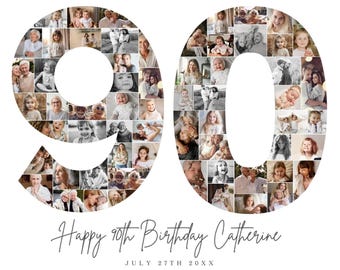 May include: A photo collage in the shape of the number 90, made up of many smaller photos of people. The text "Happy 90th Birthday Catherine" is written below the number, with the date "JULY 27TH 20XX" below that.