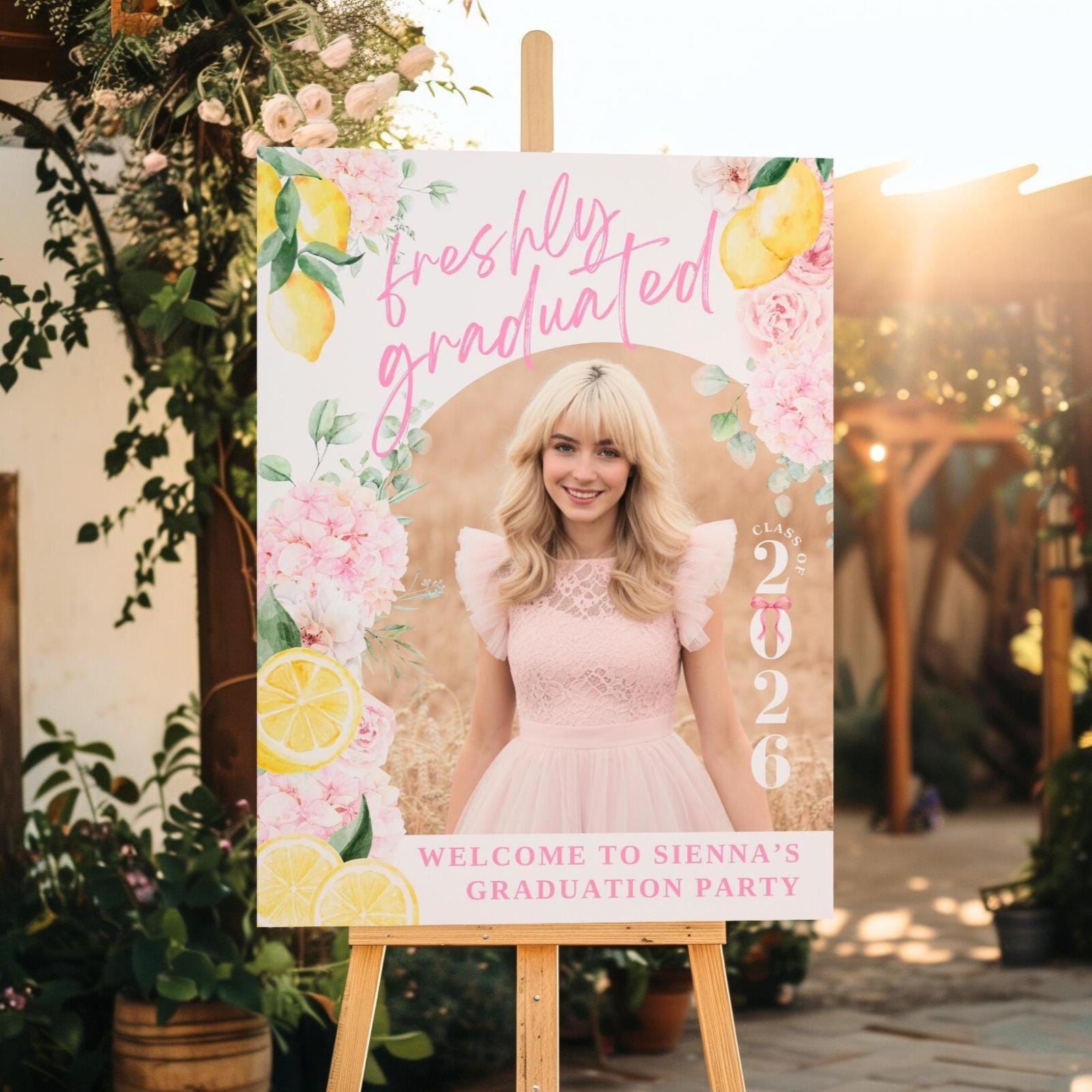 Freshly Graduated Party Welcome Sign With Photo, Pink Floral Lemon ...