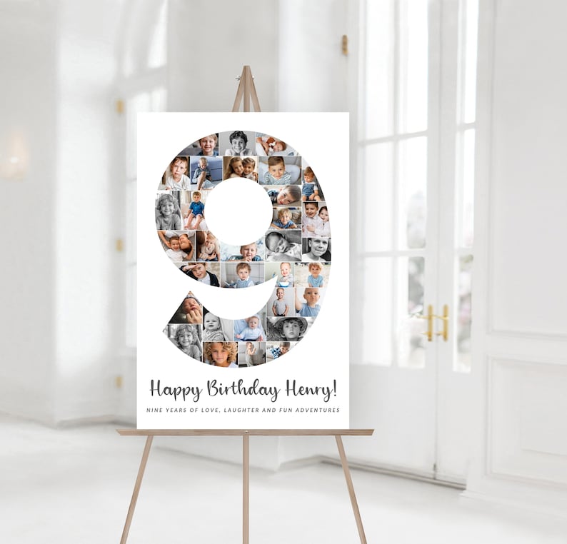 Number 9 Birthday Photo Collage TEMPLATE for Boy or Girl, Personalized ...