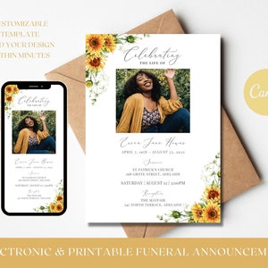 May include: A printable funeral announcement template with a sunflower design. The template features a photo of a woman, the text "Celebrating the Life of", and the name "Erica Jane Howes". The announcement includes the dates "April 1, 1978 - August 23, 2022", service details, and reception information.