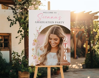 Spring Graduation Party Welcome Sign with Photo: Floral Grad Poster, Canva Template (Digital Download)