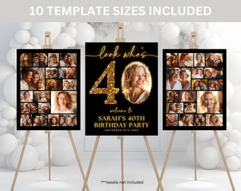 40th Collage Poster TEMPLATE Set Black and Gold, Look Who's 40 Birthday Party Welcome Sign, Party Decor Idea, Forty Photo Collage