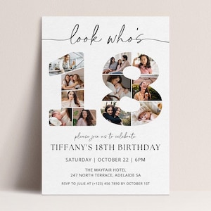 18th Birthday Invitation TEMPLATE with photo collage, Look Who's 18, Eighteenth Party Stationery, Black and White Minimalist, Modern Invite