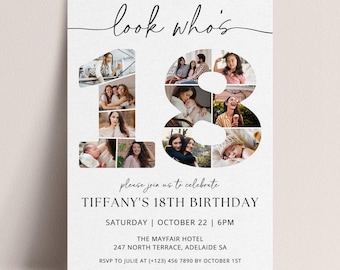 Op de afbeelding: Een witte uitnodigingskaart met de tekst "look who's" in een scriptlettertype. Het cijfer "18" is gevuld met familiefoto's. De tekst "Tiffany's 18th Birthday" en evenementdetails zijn ook opgenomen.