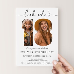 Puede incluir: Tarjeta de invitaci&oacute;n blanca con texto negro que dice "look who's" y "Evelyn's 18th Birthday". El n&uacute;mero 18 est&aacute; formado por dos fotos de una ni&ntilde;a y una joven.
