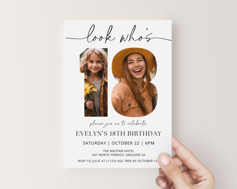 Puede incluir: Tarjeta de invitaci&oacute;n blanca con texto negro que dice "look who's" y "Evelyn's 18th Birthday". El n&uacute;mero 18 est&aacute; formado por dos fotos de una ni&ntilde;a y una joven.