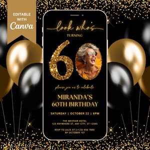 60th Birthday Digital Invitation TEMPLATE Black and Gold, Look Who's 60 Evite, Photo 60th Birthday Evite, Male or Female, Canva Template