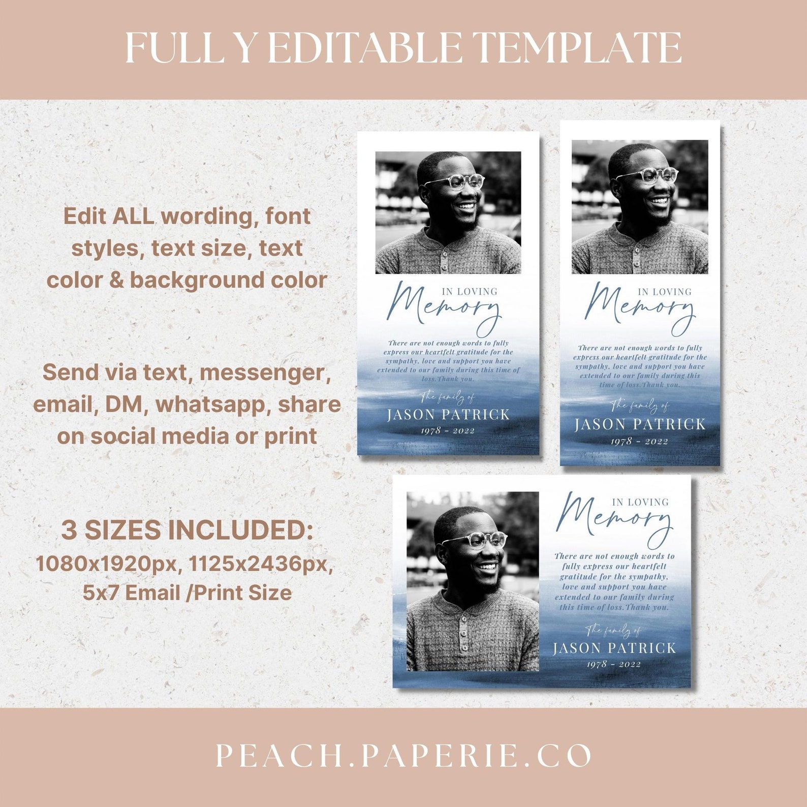 Bereavement Thank You Card TEMPLATE Bundle for Man, Blue Funeral Thank ...