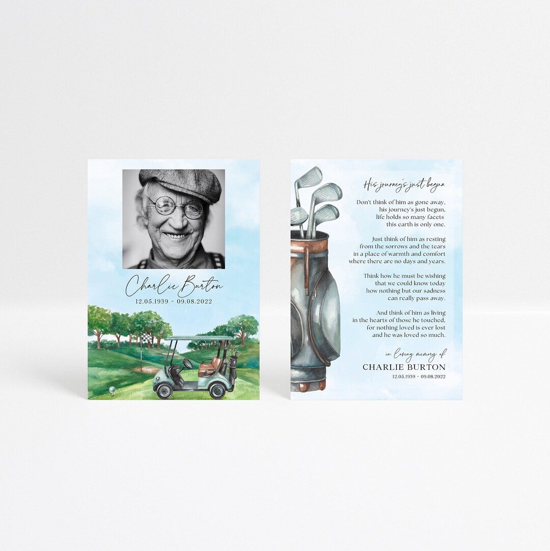 Golf Memorial Card Template, His Journey's Just Begun Poem Prayer Card, Double Sided Obituary