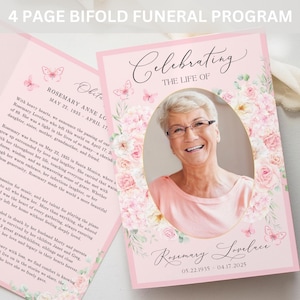 4 Page Bifold Funeral Program TEMPLATE, Pink Roses with Butterflies, Celebration of Life Order of Service, Memorial Program Obituary, F4