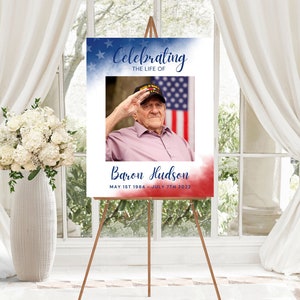 Patriotic Celebration of Life Funeral Sign TEMPLATE, Flag Memorial Sign, Easel Collage Poster for Veteran, Military Remembrance Display