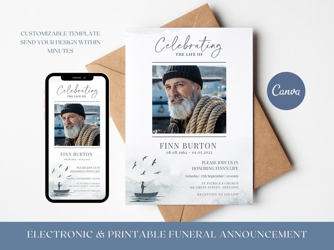 Fishing Funeral Announcement Electronic TEMPLATE, Fisherman Celebration ...