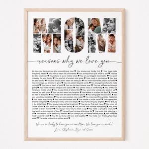 Könnte beinhalten: Eine Schwarzweiß-Fotocollage einer Familie, die das Wort "MOM" buchstabiert, mit einer Liste von Gründen, warum sie ihre Mutter lieben. Der Text lautet "MOM Gründe, warum wir dich lieben" und enthält eine Liste von Gründen, warum sie ihre Mutter lieben.