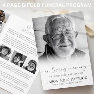 May include: A black and white funeral program with a photo of a man in a black and white photo. The program is titled "In Loving Memory" and includes the name "Jason John Patrick" and the dates "April 12, 1945 - September 24, 2025".