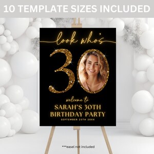 Look Who&#39;s 30 Poster TEMPLATE Black and Gold, 30th Birthday Party Welcome Sign, Party Decor Ideas, Thirty Milestone Photo Collage