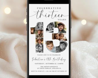 May include: A digital invitation for a 13th birthday party. The invitation features a collage of photos in the shape of the number 13. The text reads "Celebrating thirteen years. Please join us to celebrate Sebastian's 13th Birthday. Saturday October 22 | 6:00PM. The Johnson Residence. 247 North Terrace, Adelaide SA. RSVP to Julie at (+123) 456 7890 by October 1st."