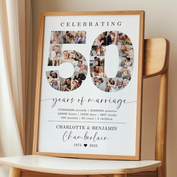 50th Wedding Anniversary Photo Collage TEMPLATE, 50 Years of Marriage Printable Gift Idea, Photo Collage Poster, Gift for Husband or Wife