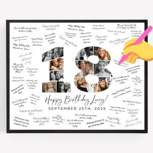 18th Birthday Photo Collage Poster TEMPLATE with room for messages, Customizable Photo Collage Board Eighteen, Signature Birthday Sign