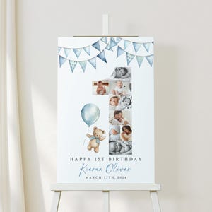 1st Birthday Welcome Poster TEMPLATE, Bear holding Blue Heart, Photo Collage, Party Decor Ideas, Canva Template DIY, Teddy Bears Picnic