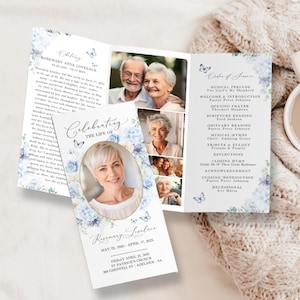 Tri-fold Funeral Program TEMPLATE, Blue Flowers with Butterflies, Celebration of Life Order of Service, Memorial Program Obituary, F2