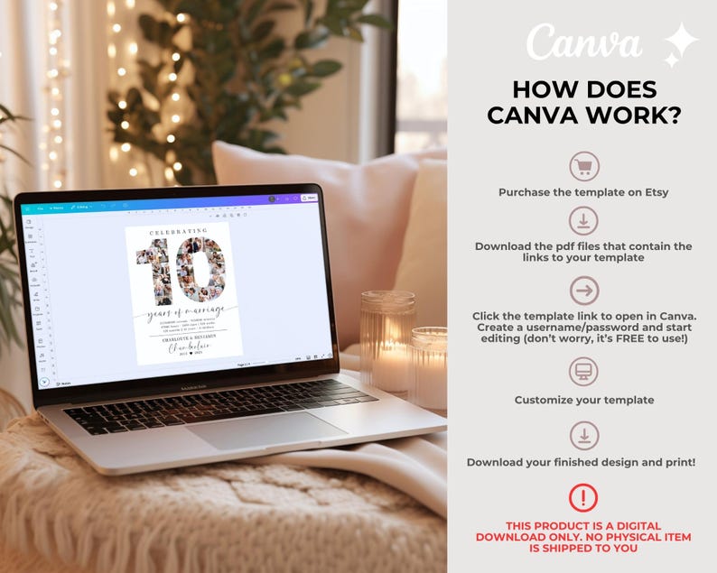 10th Wedding Anniversary Photo Collage TEMPLATE, 10 Years of Marriage Printable Gift Idea, Photo Collage Poster, Gift for Husband or Wife image 7