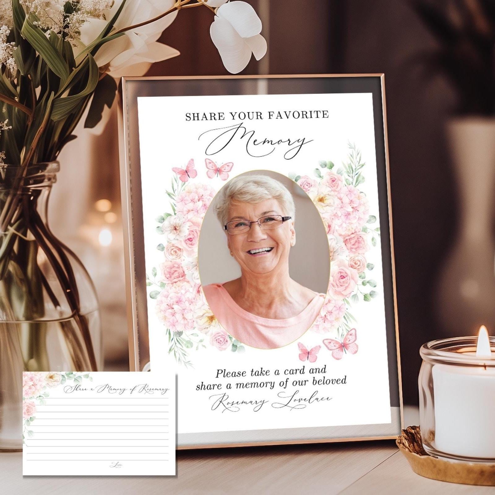 Share a Memory Sign and Card TEMPLATE, Pink Floral with Butterflies, Funeral Table Decor, Guest Book Alternative, Celebration of Life, F5